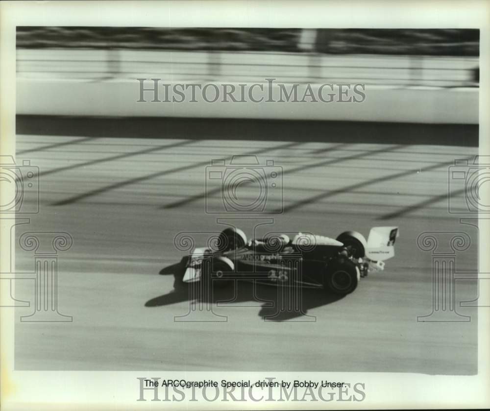 Press Photo Indy Car Driver Bobby Unser in ARCOgraphite Special Drives on Track- Historic Images