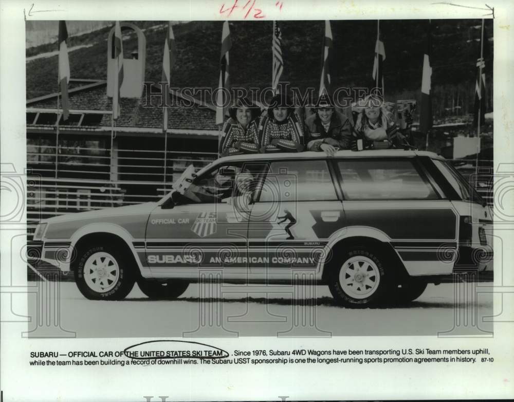 Press Photo US Ski Team Members On Roof of Subaru Official Team Car &amp; Driver - Historic Images