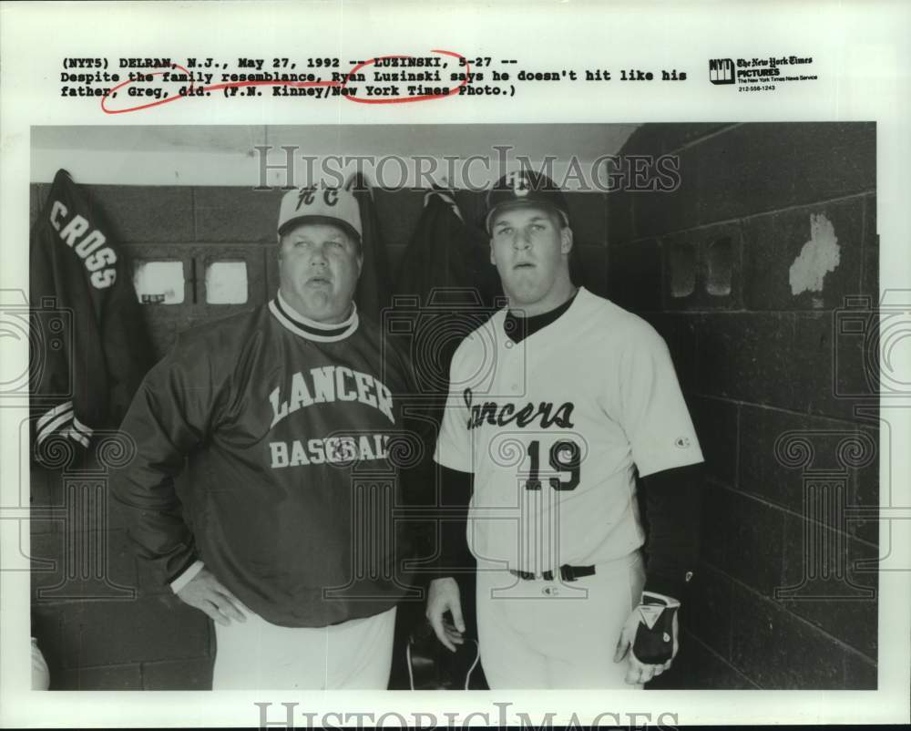 1992 Press Photo HC Lancers Baseball Coach &amp; Father, Son &amp; Player, In Dugout- Historic Images