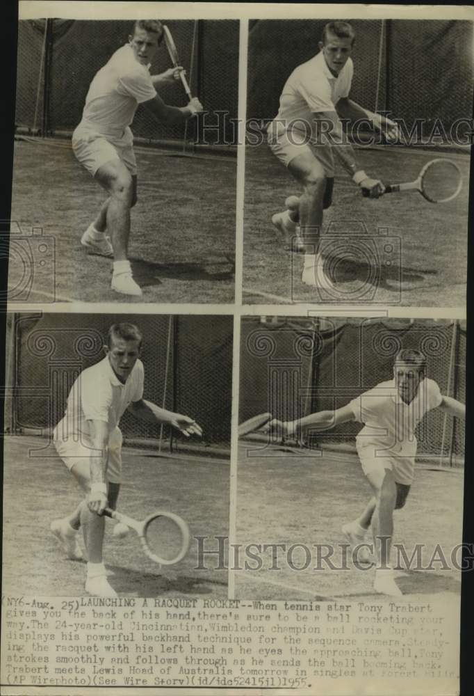 1955 Press Photo Tennis Player Tony Trabert Swings Racquet in 4 Shot Sequence- Historic Images