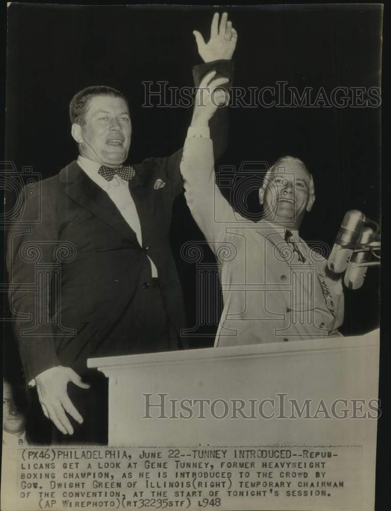 1948 Press Photo Governor Dwight Green &amp; Boxer Gene Tunney at Philadelphia Event - Historic Images