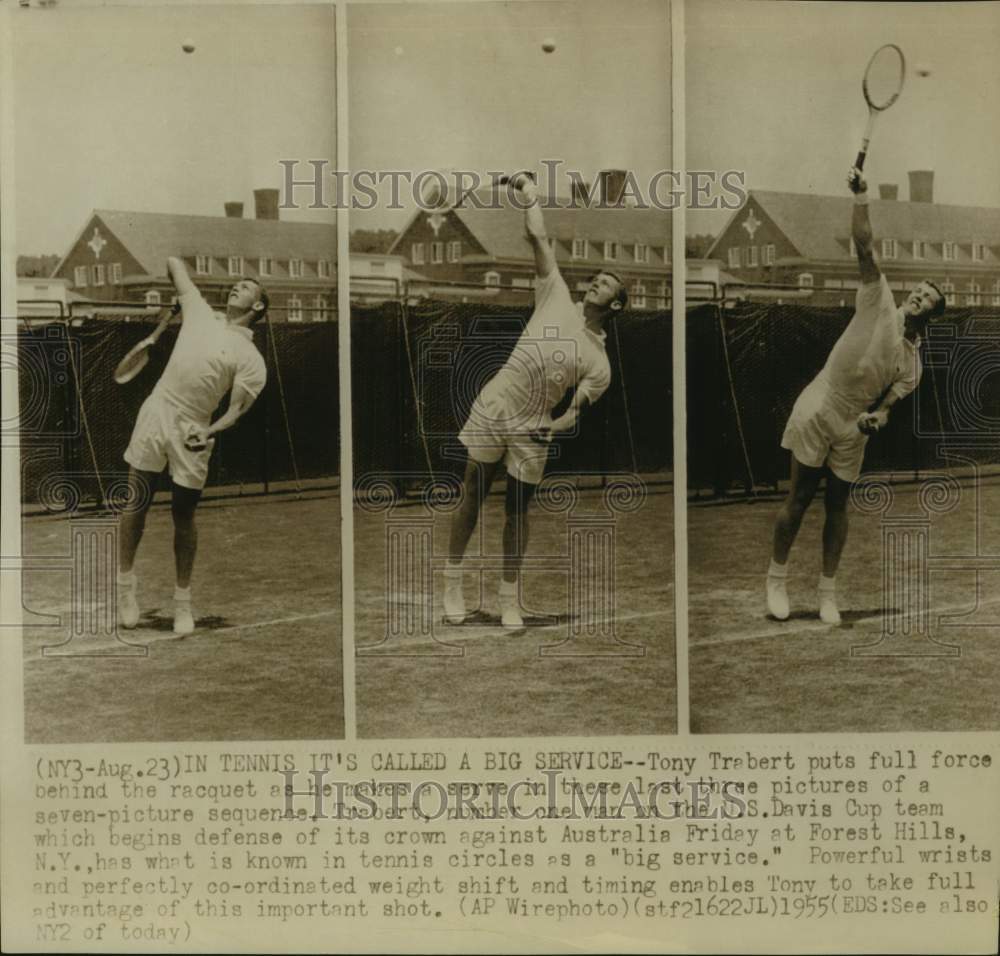 1955 Press Photo Tennis Player Tony Trabert Serves in Time-Lapse Action Shots - Historic Images