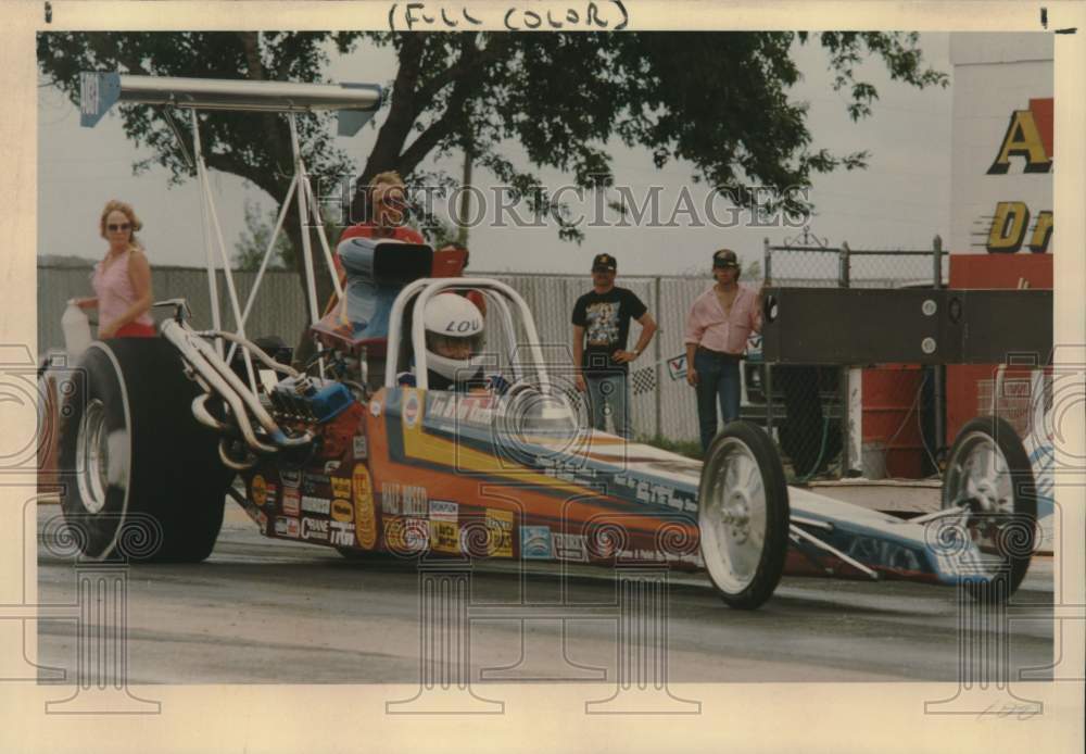 1989 Press Photo Driver Lou Rochat in Drag Race Car at Alamo Dragway - sas23294 - Historic Images