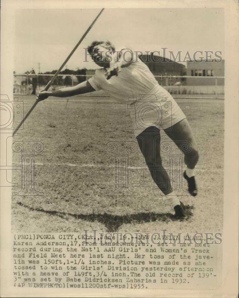 1955 Karen Anderson, Javelin Thrower at Track Meet - Historic Images