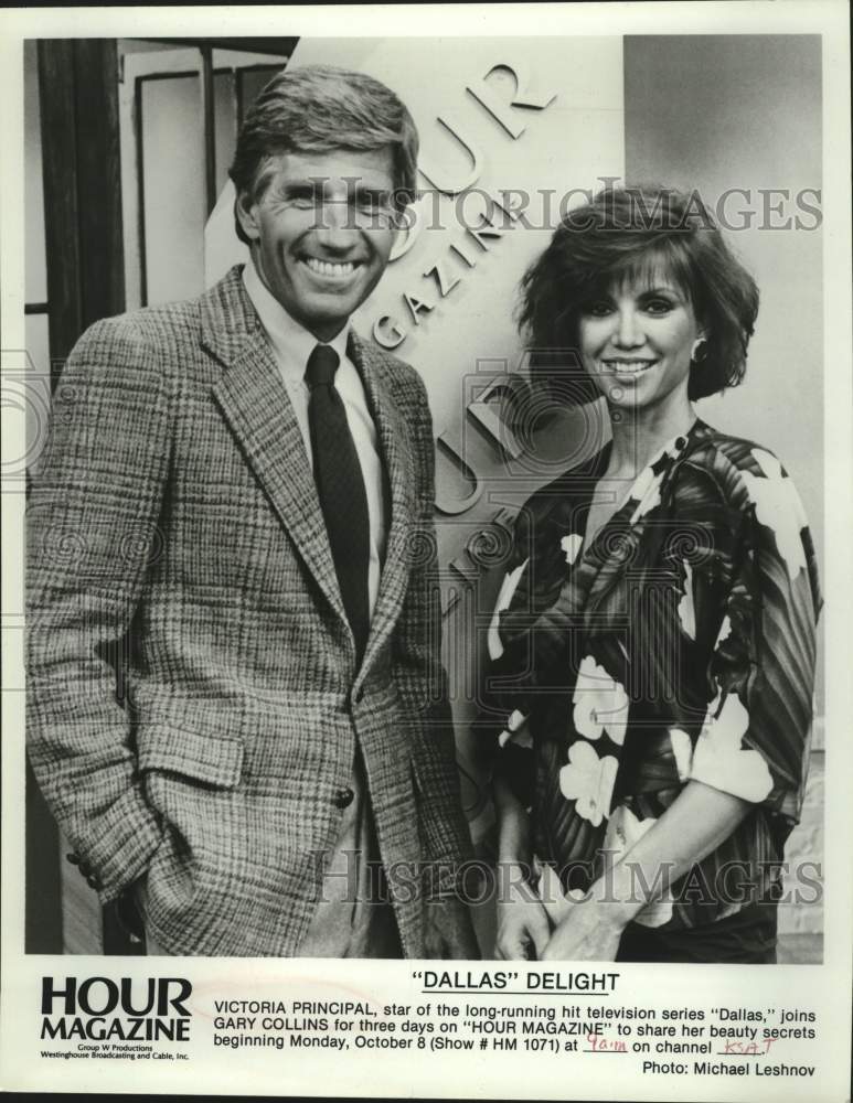 Press Photo Actress Victoria Principal and Gary Collins on &quot;Hour Magazine&quot; - Historic Images