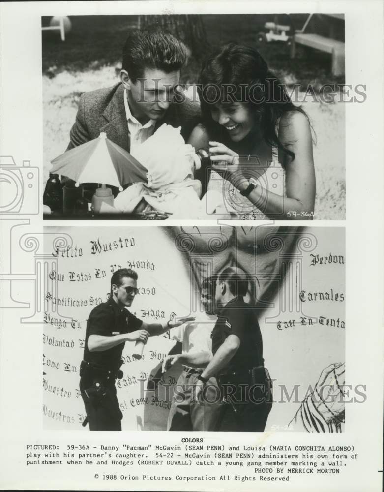 1988 Press Photo Actors Sean Penn, Maria Conchita Alonso, Robert Duvall in movie - Historic Images