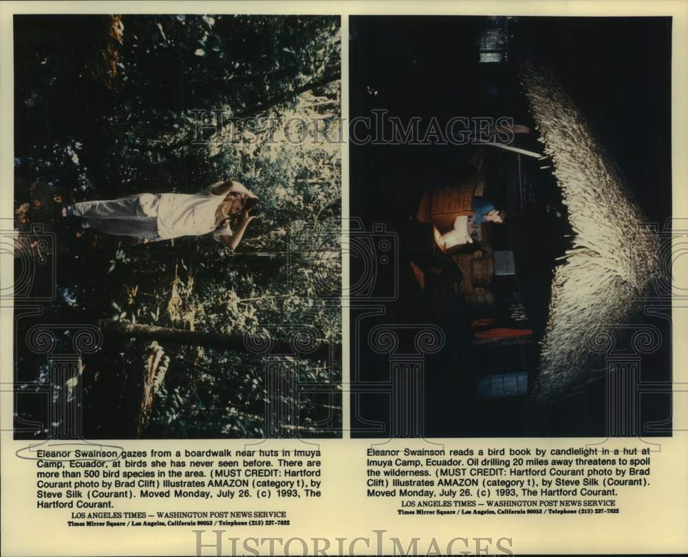 1993 Press Photo Eleanor Swainson, Bird Watcher and Imuya Camp in Ecuador - Historic Images