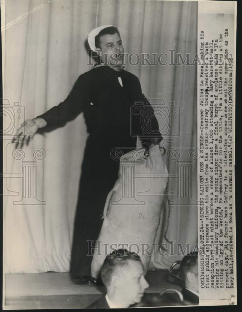 1953 Press Photo Singer Julius La Rosa Performs at Washington Navy Benefit Ball - Historic Images
