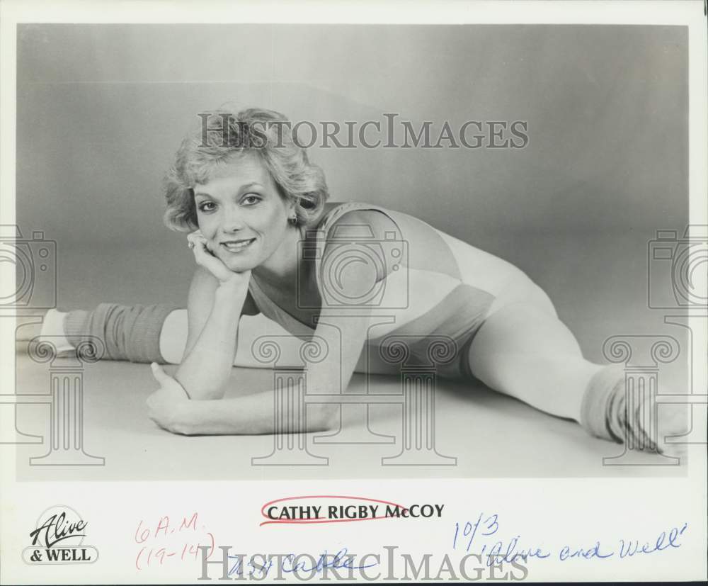 Press Photo "Alive & Well" Host Cathy Rigby McCoy Stretches in Workout Gear - Historic Images