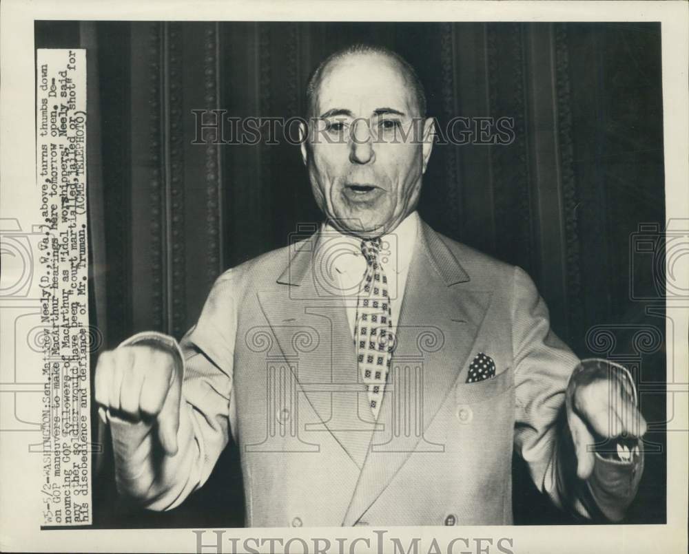 Press Photo Matthew Neely against opening of MacArthur hearings, Washington - Historic Images