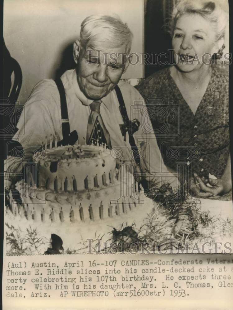 1953 Thomas E. Riddle celebrating 107th birthday, Austin, Texas-Historic Images