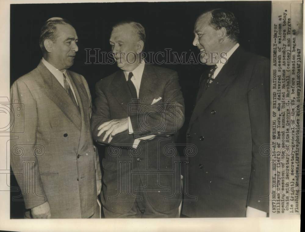 1947 Press Photo William O'Dwyer, George C. Marshall, Trygve Lie, New York- Historic Images