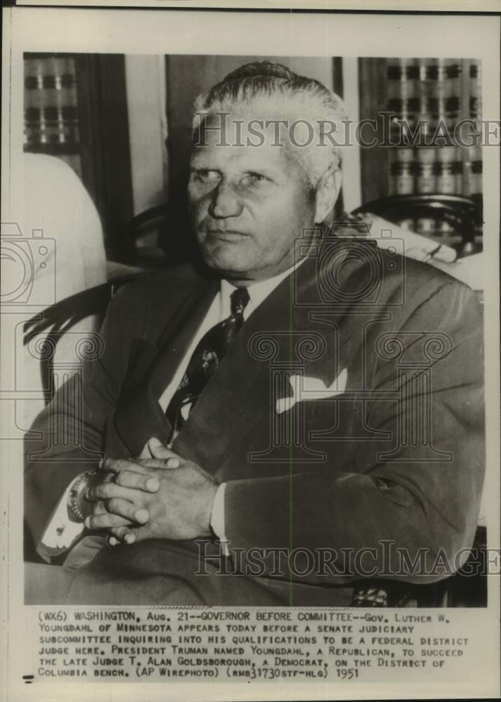 1951 Press Photo Minnesota Governor Luther W. Youngdahl at Washington Hearing- Historic Images