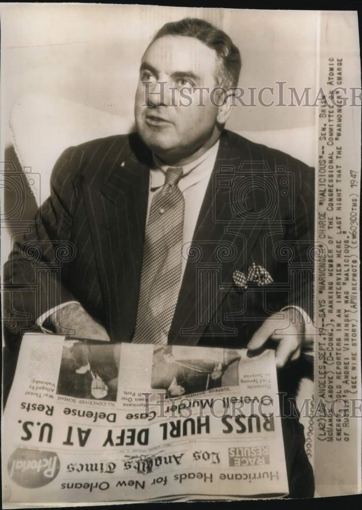 1947 Press Photo Senator Brien McMahon discusses &quot;warmonger&quot; charge, Los Angeles- Historic Images