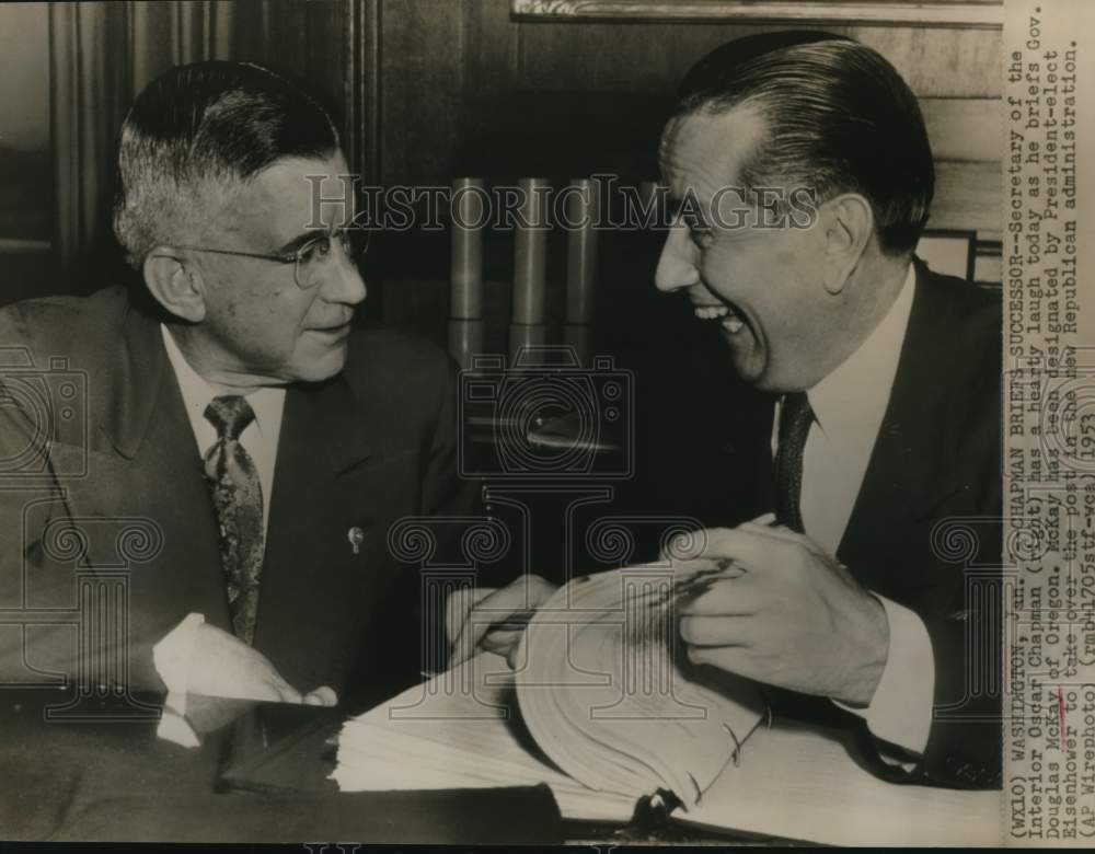 1953 Press Photo Secretary Oscar Chapman with Governor Douglas McKay in DC- Historic Images