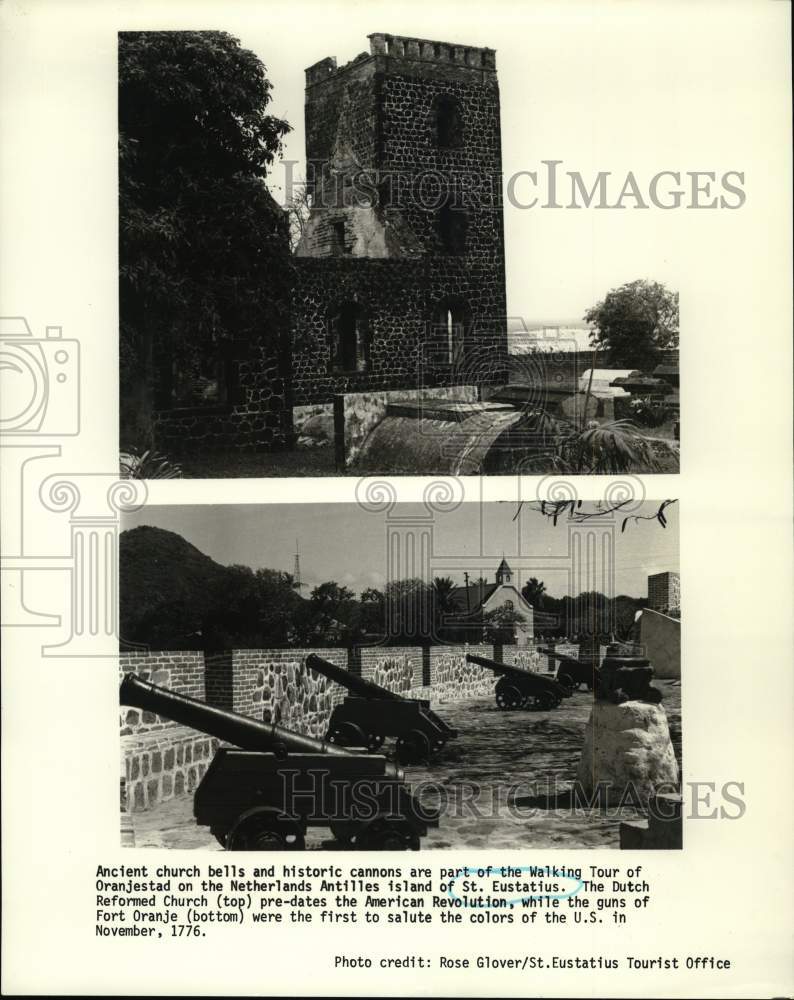 Press Photo Ancient church bells and cannons in St. Eustatius, Netherlands- Historic Images