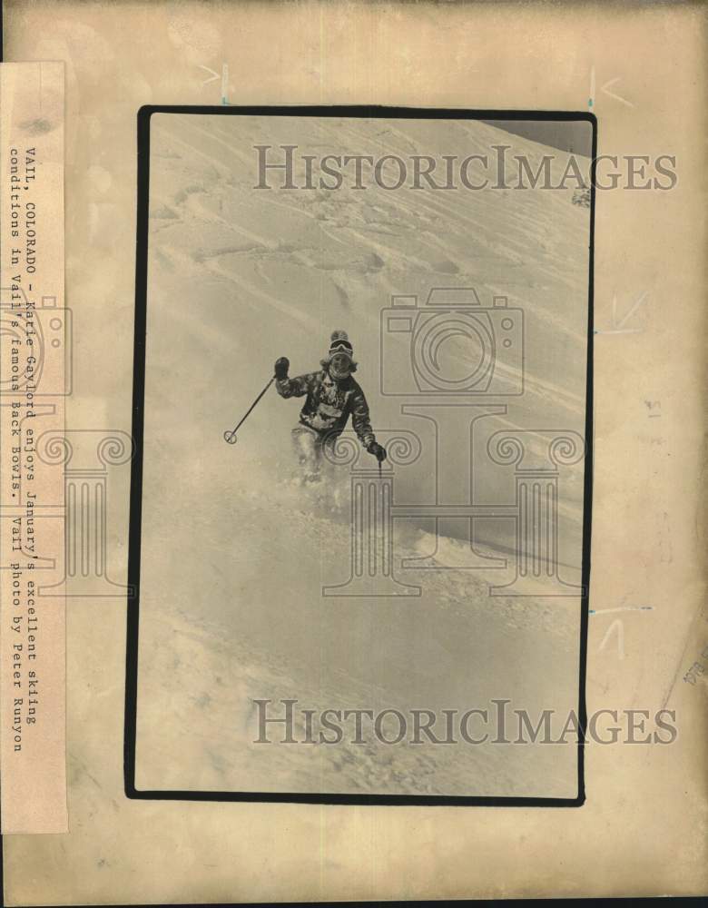 1978 Press Photo Katie Gaylord enjoys excellent skiing conditions in Vail, CO - Historic Images