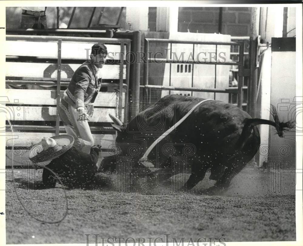 Press Photo San Antonio Charro gets rescued after bull he was riding charged him- Historic Images