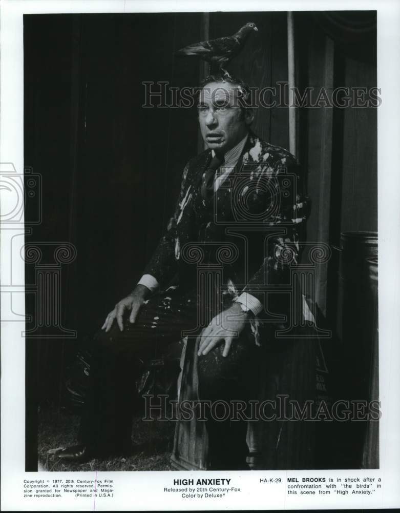 1977 Press Photo Mel Brooks with bird on his head in scene from "High Anxiety"- Historic Images