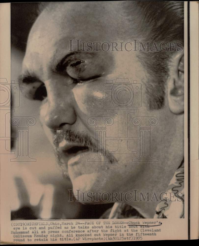 1975 Press Photo Boxer Chuck Wepner loses to Muhammad Ali, Ohio - sax33831- Historic Images