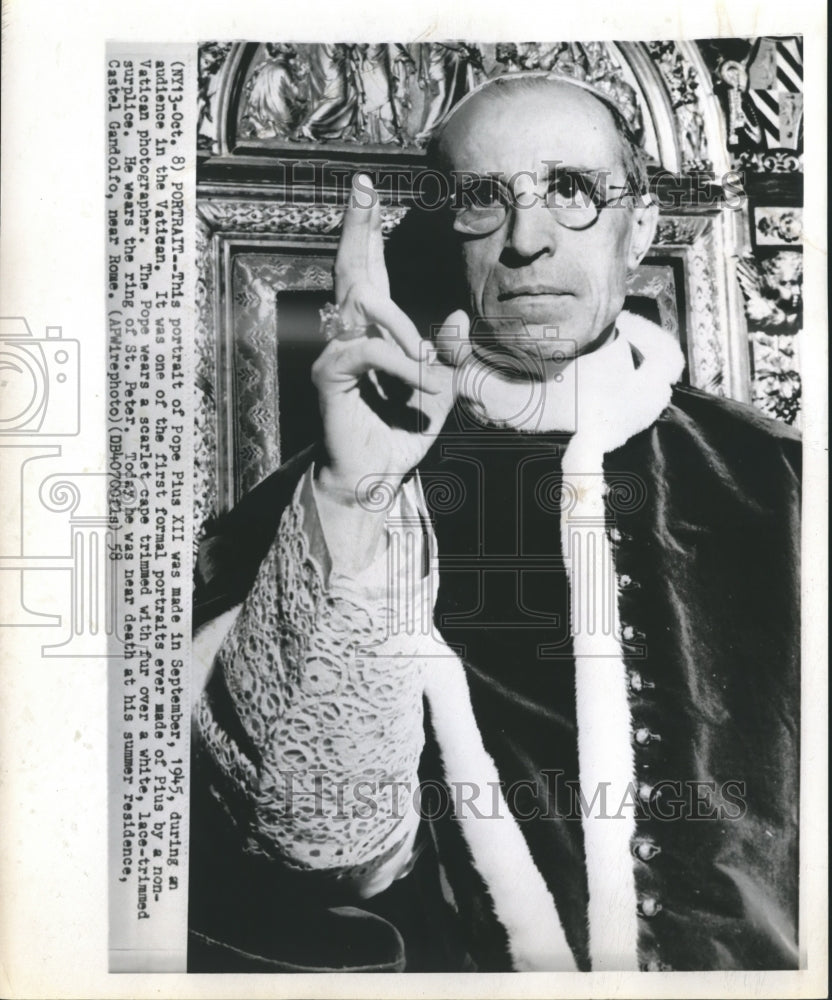 1958 Portrait of Pope Pius XIII made in September 1945 in Vatican. - Historic Images