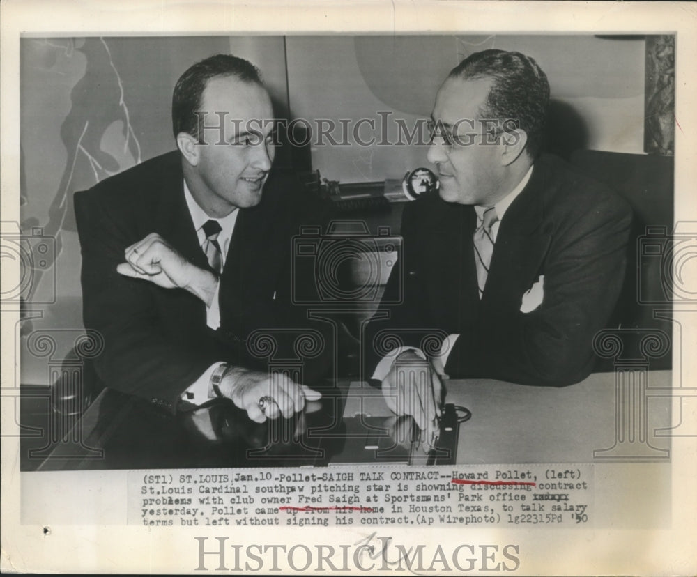 1950 Press Photo Howard Pollet, St.Louis Cardinal Pitcher with Owner Fred Saigh - Historic Images