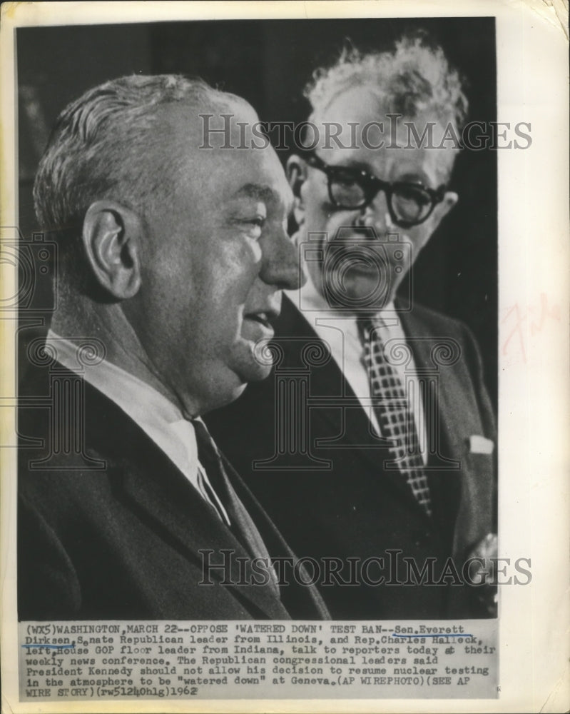 1962 Press Photo Sen. Everett Dirksen & Rep Charles Halleck at Press Conference-Historic Images