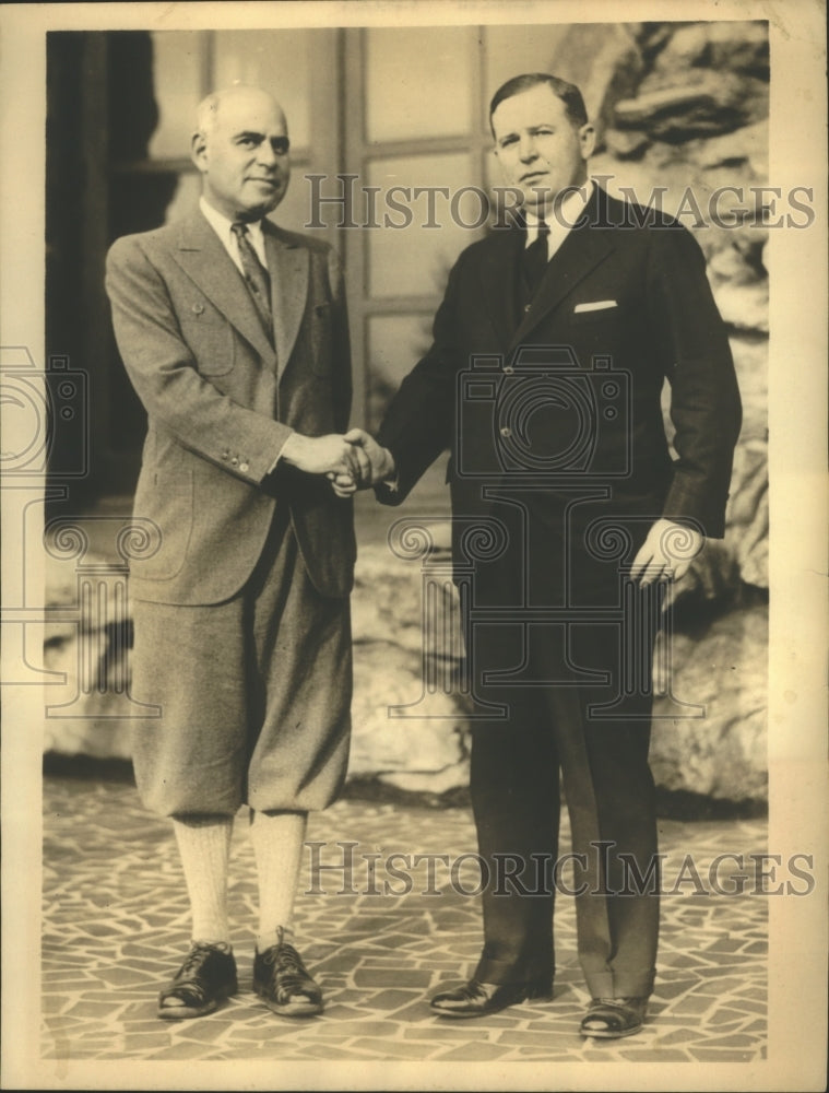 1932 Press Photo Herbert Lehman shakes hands with Dave Sholtz, Gov. Elect of FL-Historic Images
