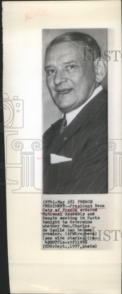 1958 Press Photo French President Rene Coty speaks of De Gaulle as Premier- Historic Images