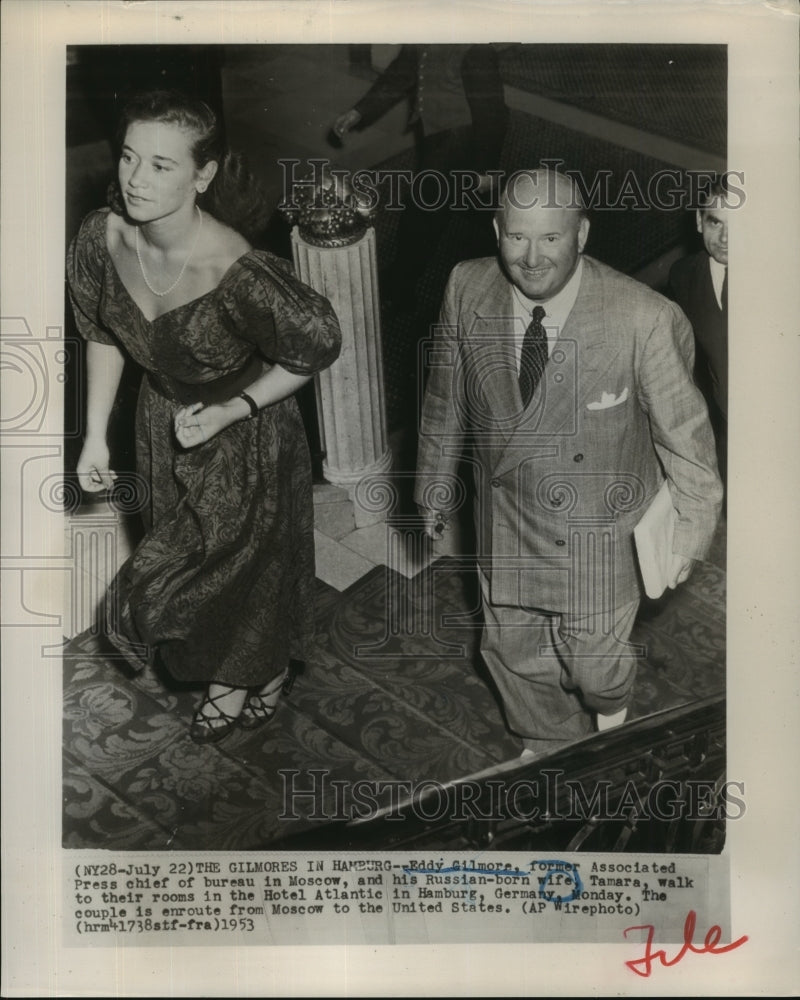 1953 Eddy Gilmore & his wife Tamara at  Hotel Atlantic in Germany - Historic Images