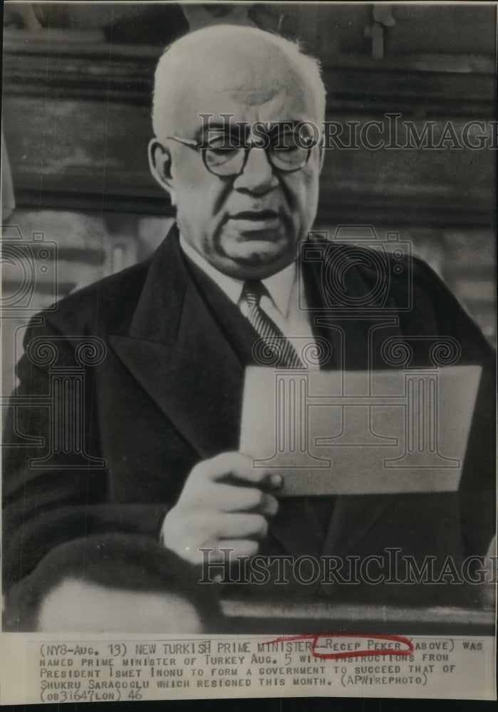 1946 Press Photo Recep Parker Appointed Prime Minister of Turkey- Historic Images