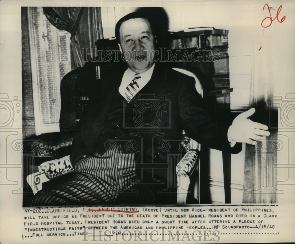 1948 Press Photo Eridio Quirino Vice-Pres of Philippines After Manuel Roxas Dies- Historic Images