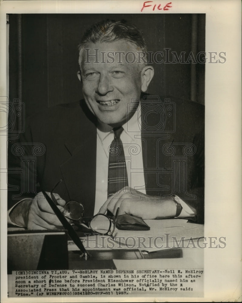 1957 Press Photo Neil McElroy Named Secretary of Defense by President Eisenhower - Historic Images