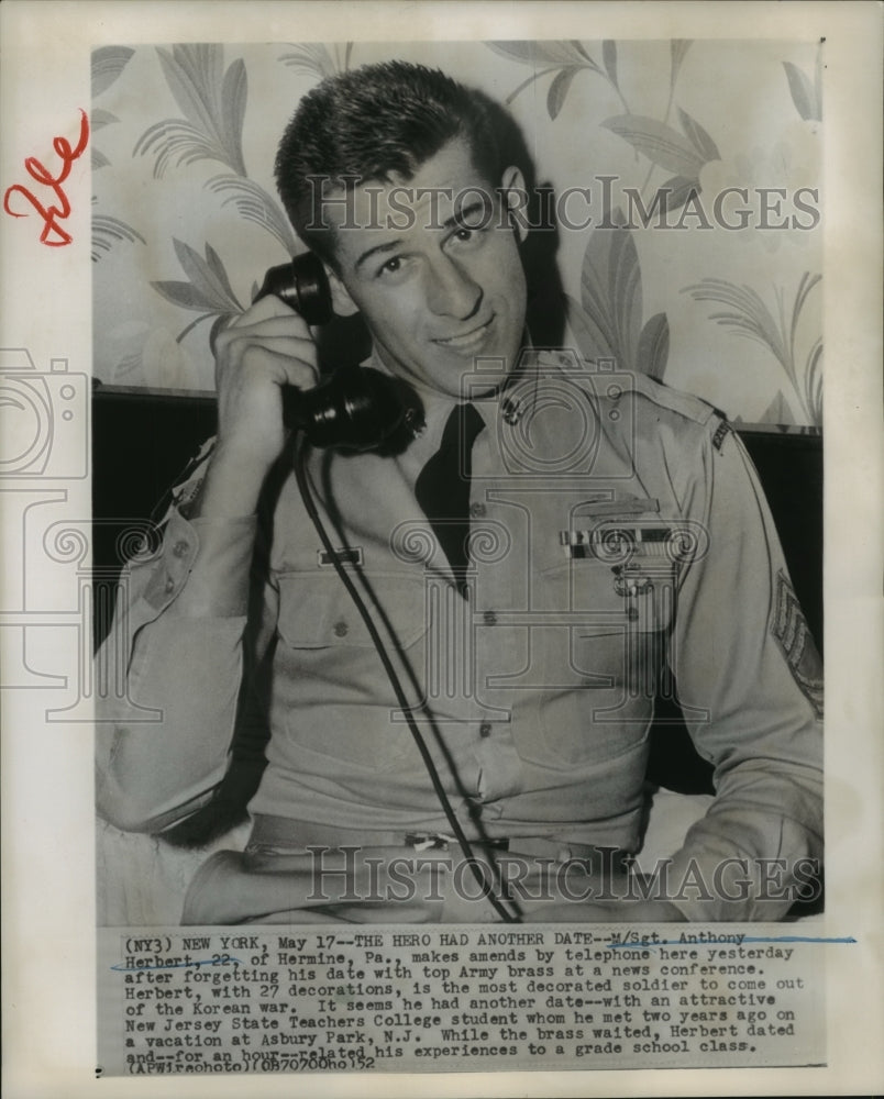1952 Press Photo M/Sgt Anthony Herbert Most Decorated Soldier From Korean War- Historic Images