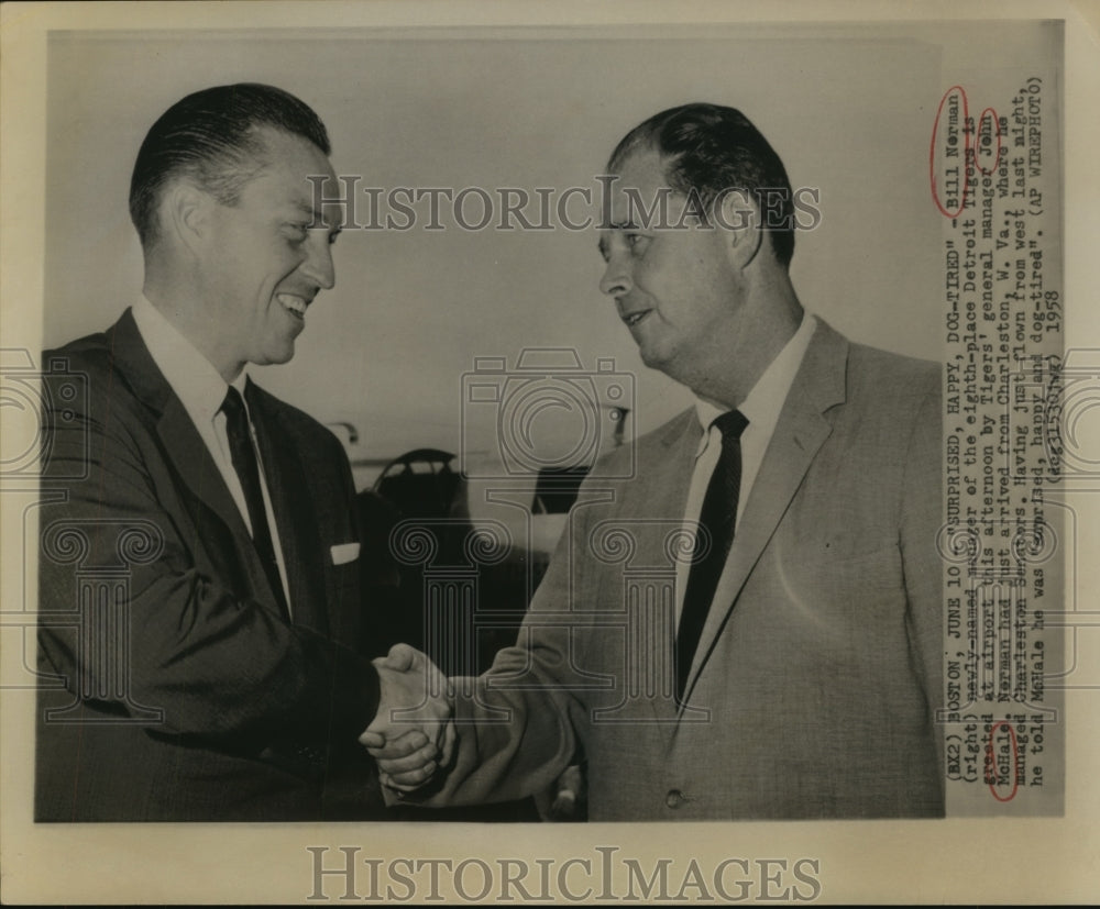 1958 Press Photo Bill Norman, New Manager of Detroit Tigers and John McHale- Historic Images