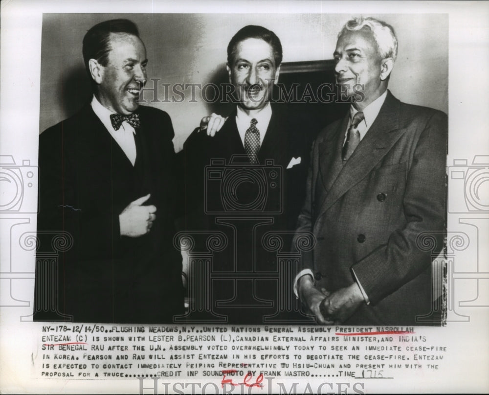 1950 Press Photo UN General Assembly President NAsrollah Entazam Lester Pearson - Historic Images