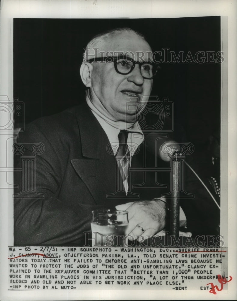 1951 Press Photo Sheriff Frank Clancy testifies at the Senate Crime Hearing-Historic Images