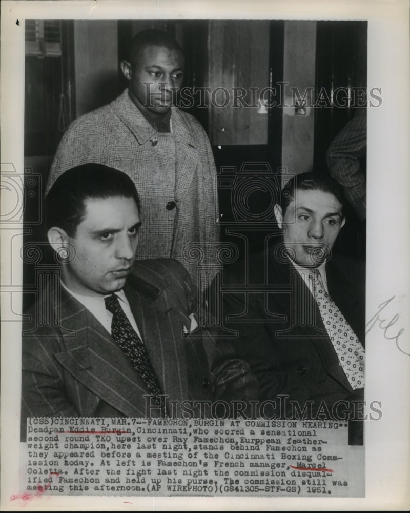 1951 Press Photo Boxers, Eddie Burgin, Ray Famechon appear at Commission hearing-Historic Images