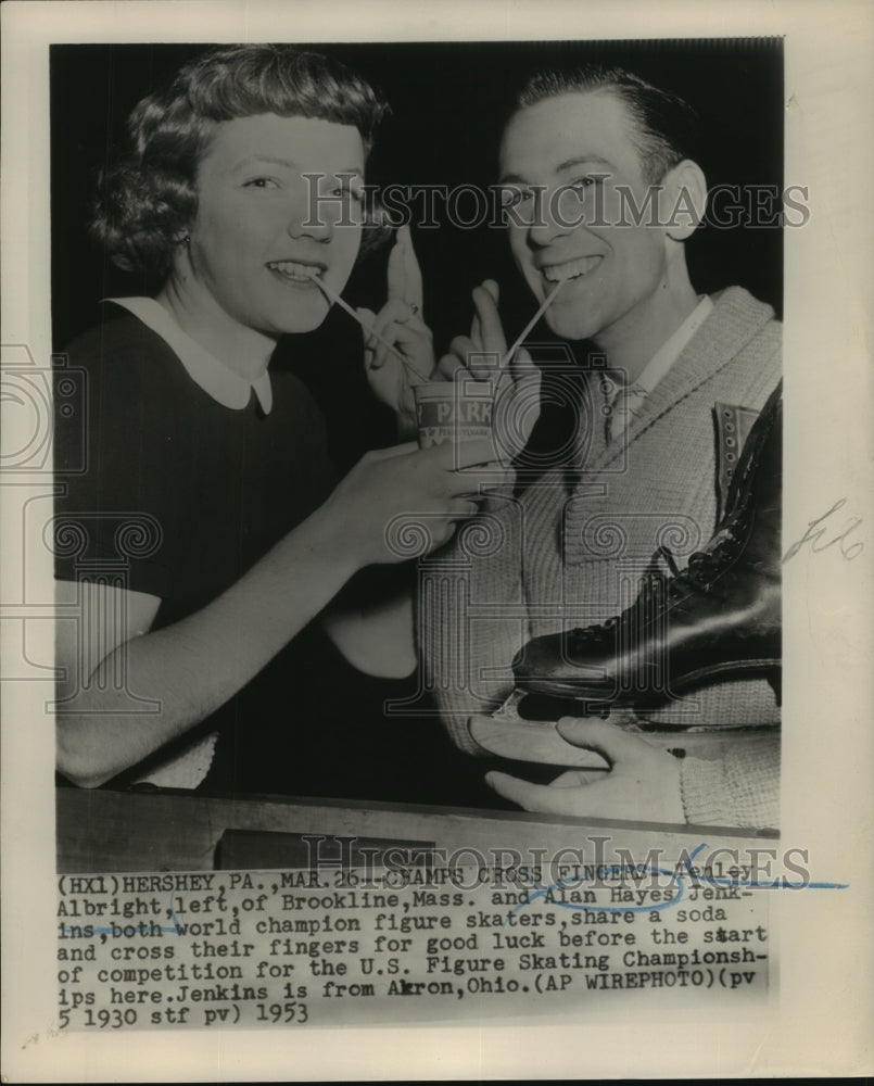 1953 Press Photo Tenley Albright and Alan Hayes Sharing Soda Before Championship - Historic Images