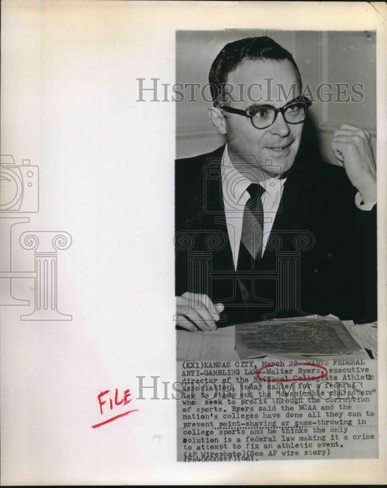 1961 Walter Byers Director of   Athletic Assoc Calls For Federal Law - Historic Images