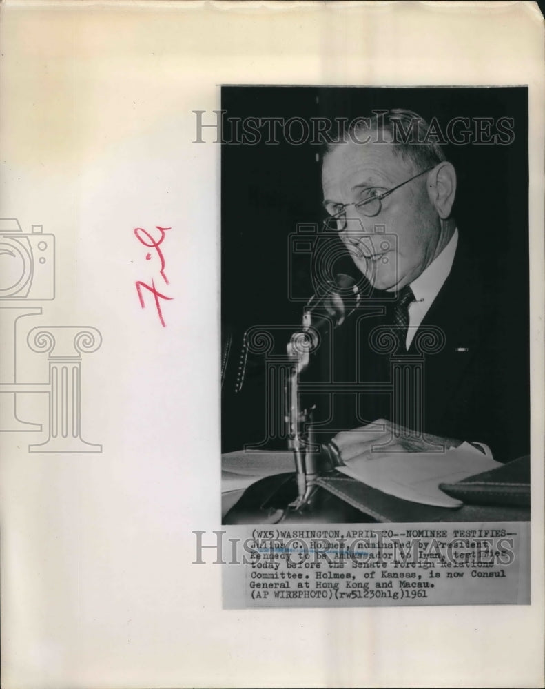 1961 Press Photo Julius Holmes, Ambassador candidate testifies before the Senate-Historic Images