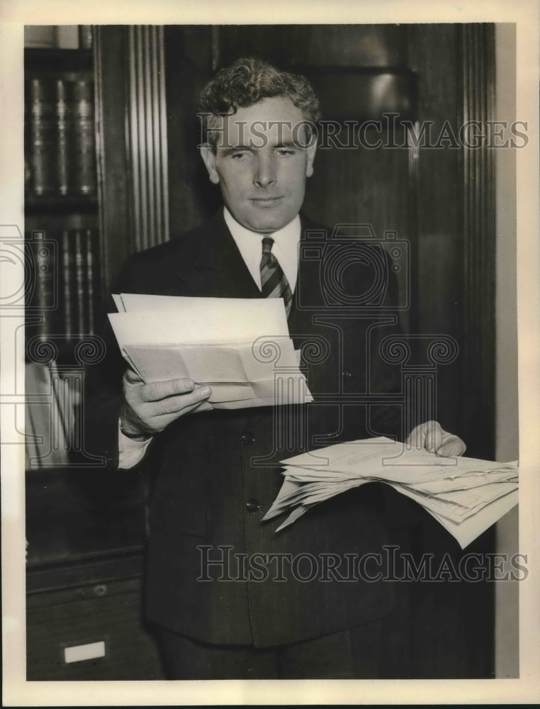 1937 Press Photo Representative John Costello holds constituents letters-Historic Images