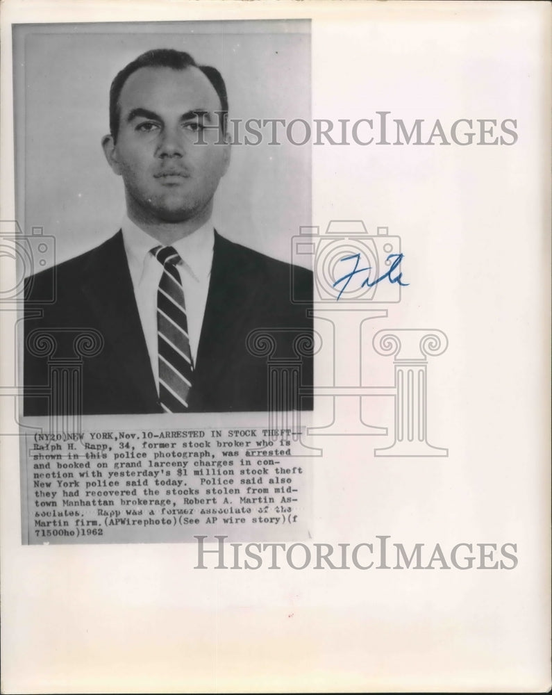 1962 Press Photo Ralph H. Rapp , arrested and detained for larceny charges- Historic Images