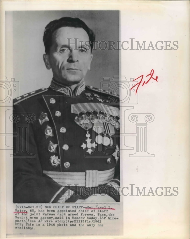 1962 Press Photo General Pavell Batov, new Chief of Staff of Warsaw Pact Forces- Historic Images