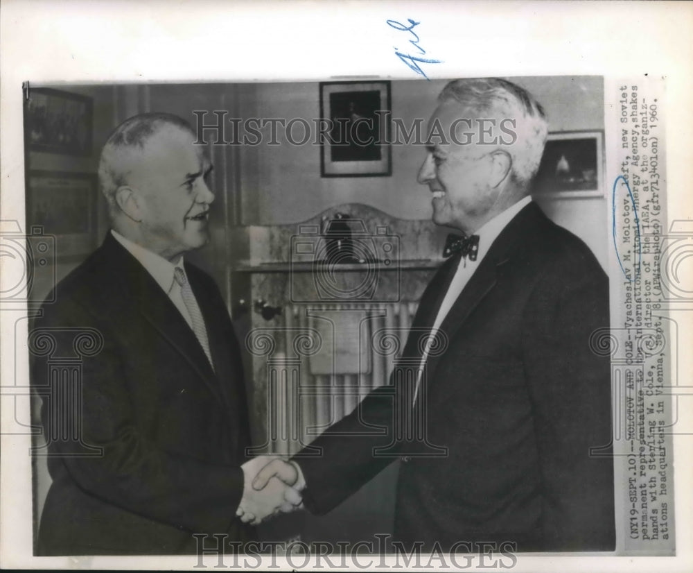 1960 Vyacheslav Molotov shakes hands with Sterling Cole in Vienna - Historic Images