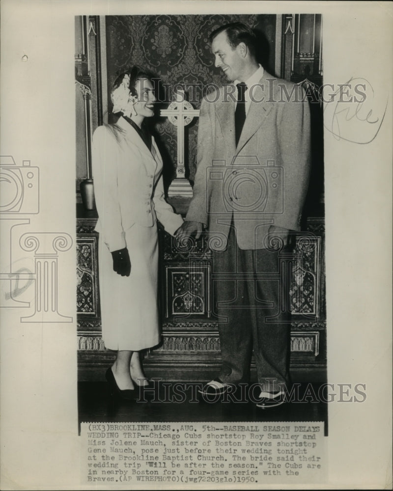 1950 Roy Smalley and Jolene Mauch at their wedding ceremony - Historic Images