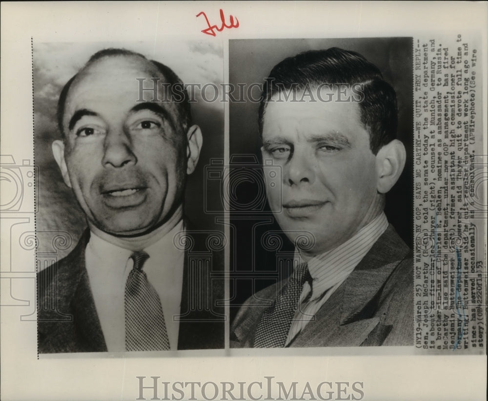 1953 Press Photo Charles Thayer and Benjamin Butterweiser quit their Departments- Historic Images