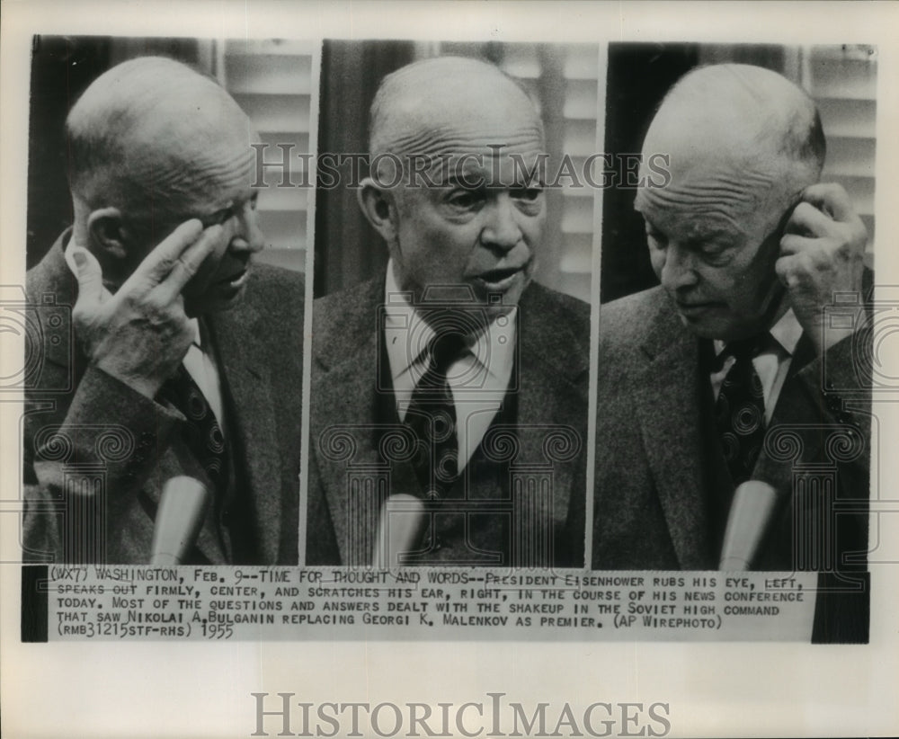 1955 Press Photo President Eisenhower in different scenes during news conference-Historic Images