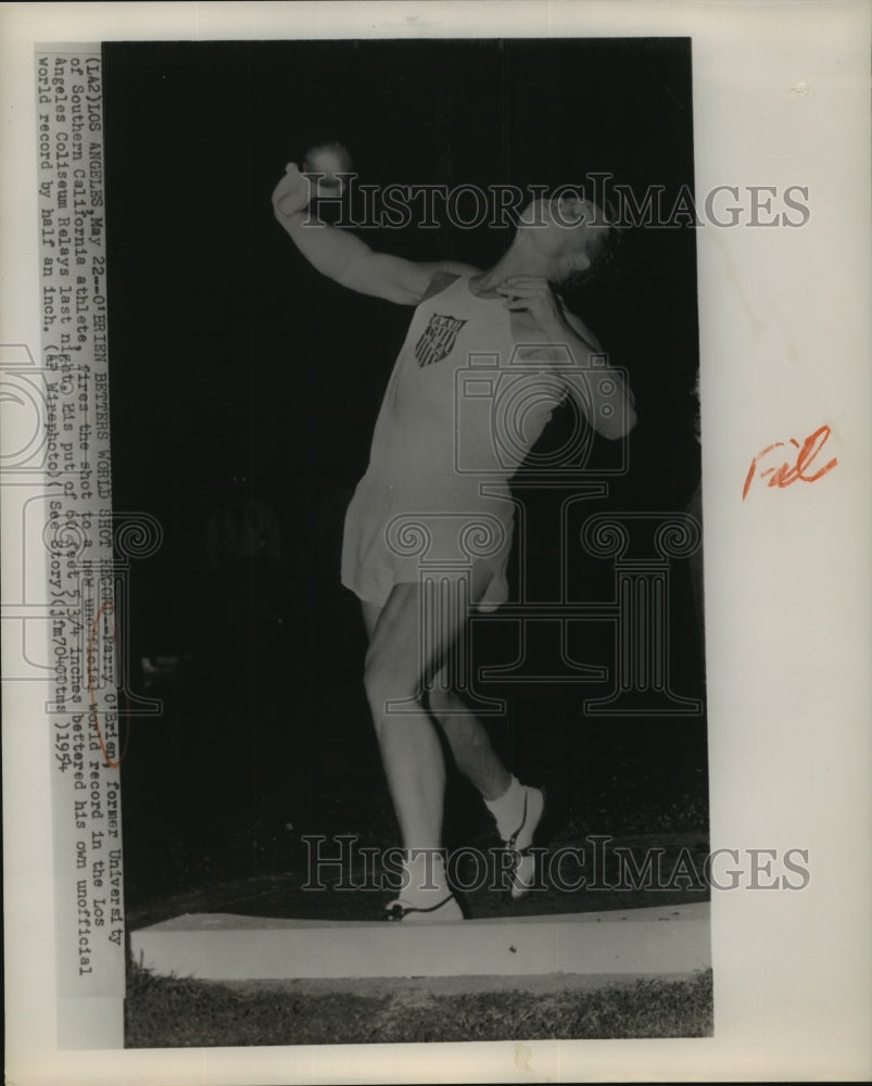 1954 Press Photo Parry O&#39;Brien breaks own unofficial record in Relays-Historic Images