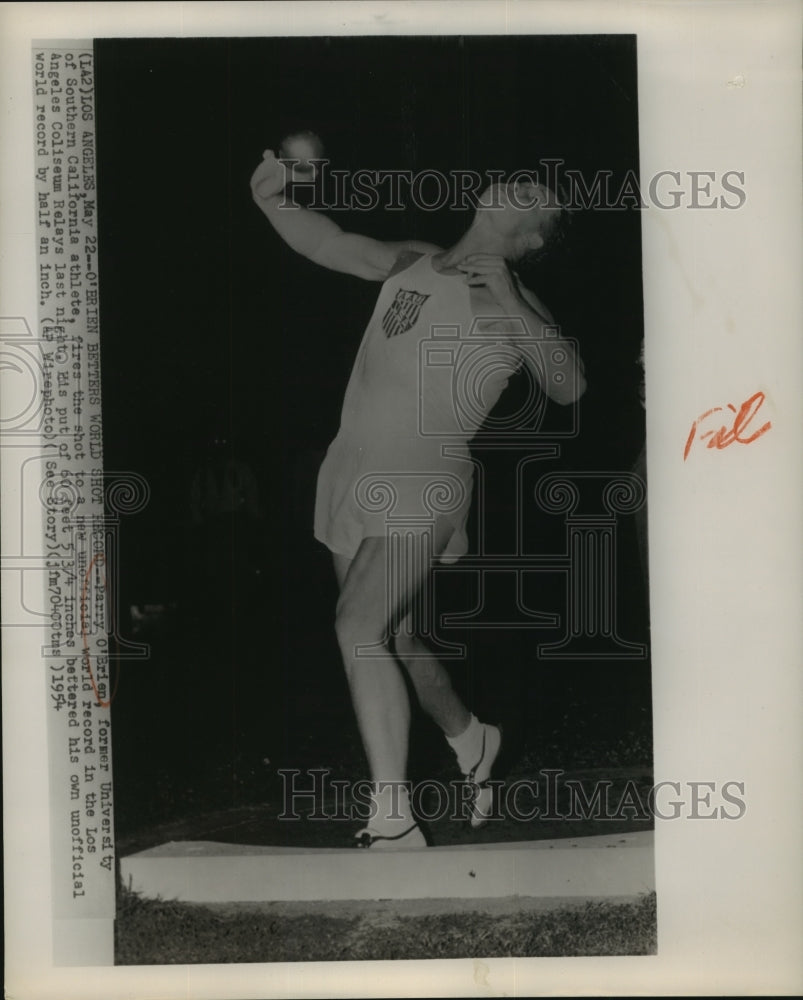 1954 Press Photo Parry O'Brien breaks own unofficial record in Relays-Historic Images